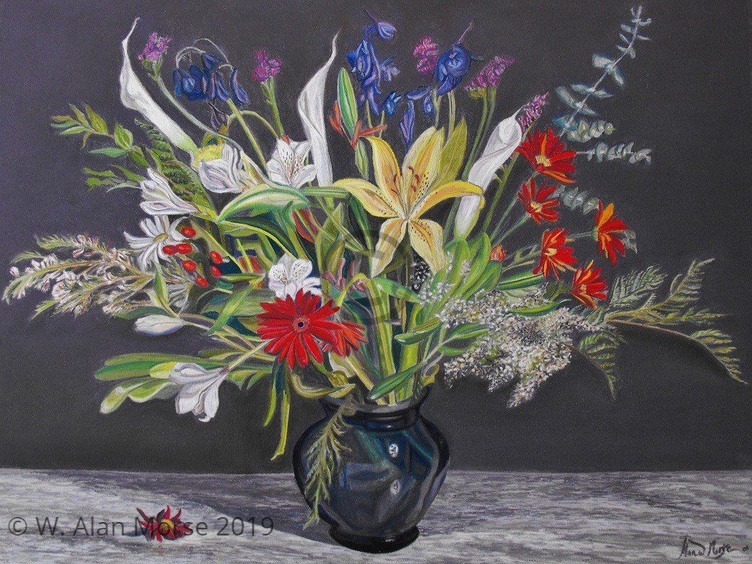Realism style pastel floral painting of flowers in a vase by artist W. Alan Morse