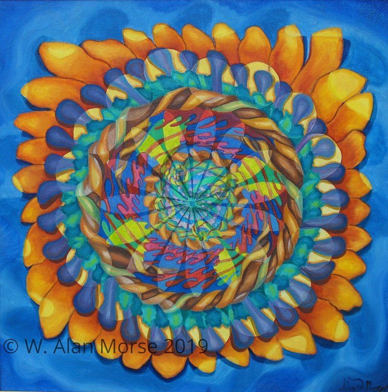 Organic mandala abstractionist floral oil painting of time, space, and the elements by Morse.