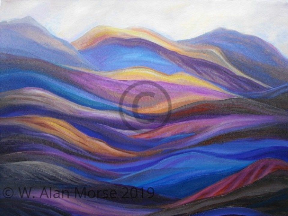 Sea and land fused together in an abstract oil painting