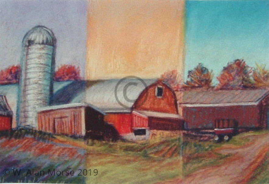 Tryptick landscape painting of farm using complementary colors by Wayne Alan Morse Yaarta