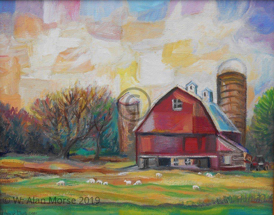 Oil painting of a sheep farm upstate New York displayed by a palette of colors.