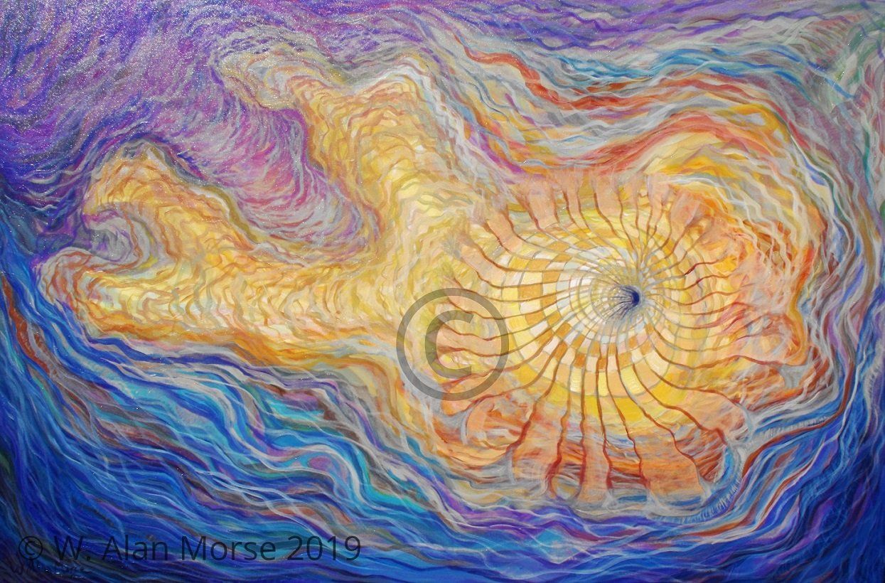 Oil painting of a black hole vortex energy emerging work of art by painter Wayne Alan Morse