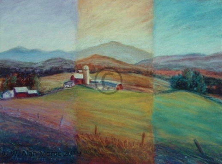 Landscape painting constructed using multiple colors in layered pattern style.