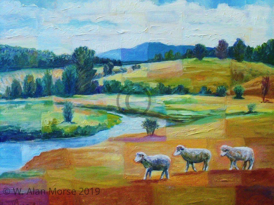 Organic Naturalist colored oil landscape painting of three sheep by fine artist, painter Wayne Alan Morse