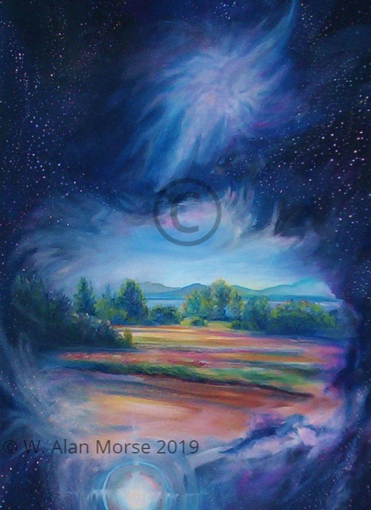Celestial space and star oil painting landscape by W. Alan Morse with Lake Champlain in the background