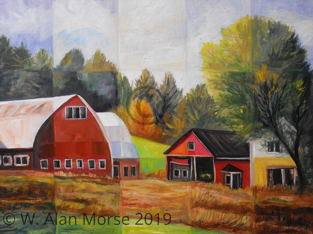 Contemporary pictorial oil panting of a farm scene