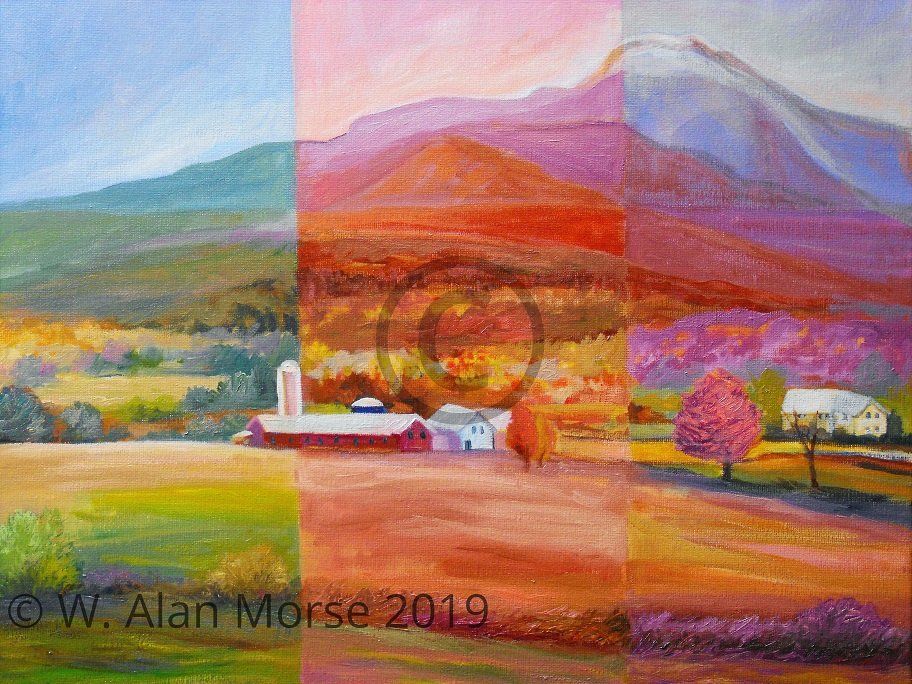 Brightly colored tryptic oil painting by Vermont Landscape Artist and Painter Wayne Alan Morse