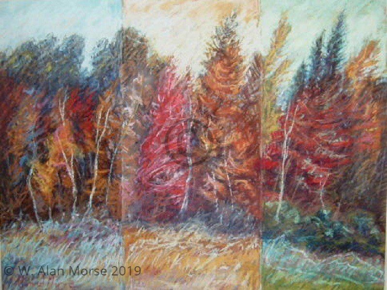 Soft pastel painting triptych of fall foliage landscape