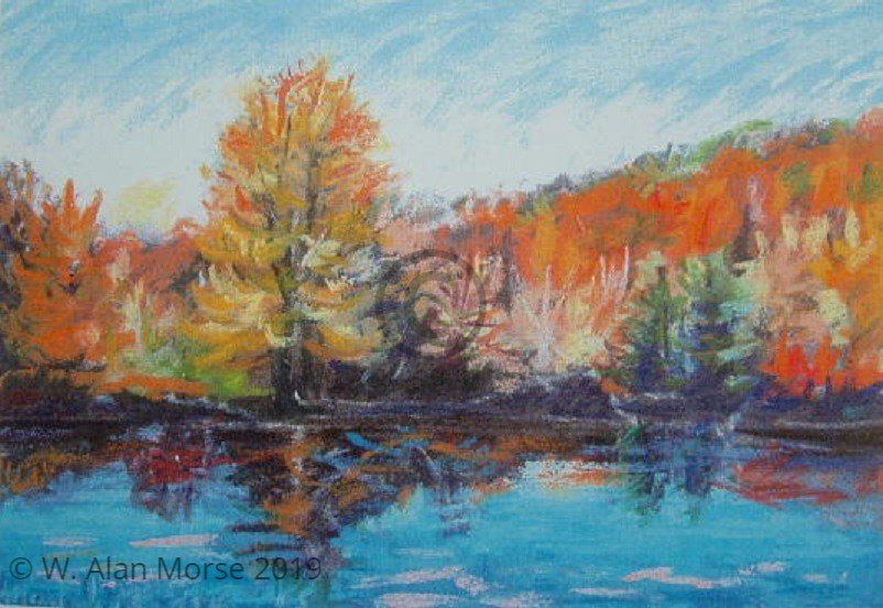 Pastel landscape painting of a tranquil autumn composition of