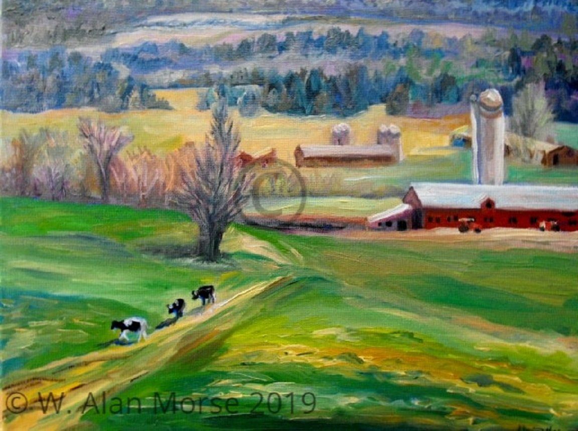 Landscape painting of three Holstein Cows and Farm