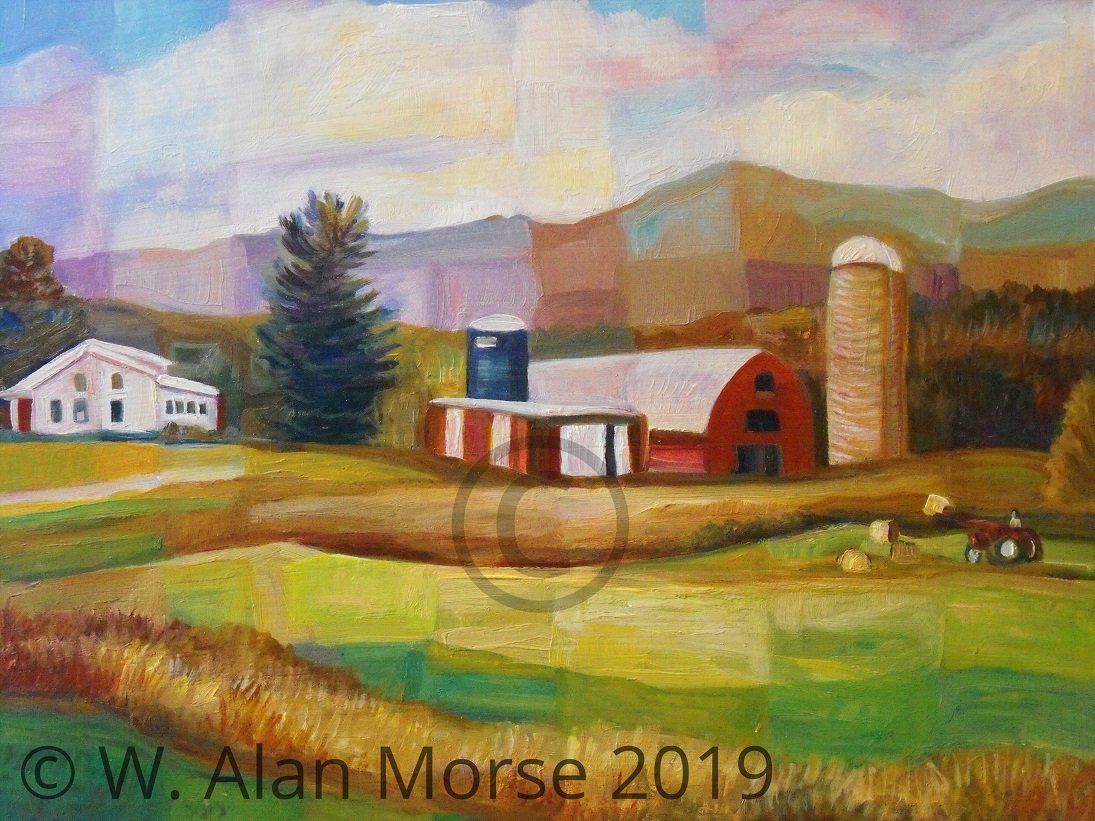 Spatial lanscape oil painting of a farm