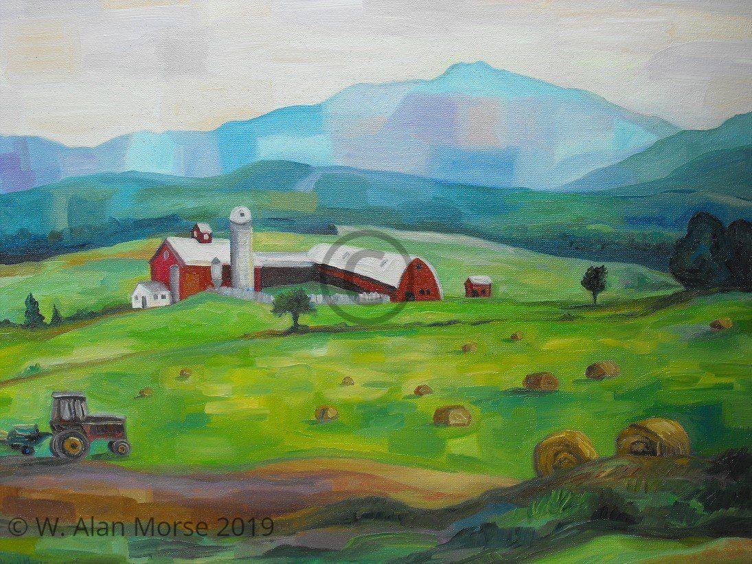 Vermont landscape oil painting of Mount Mansfield using unique style.
