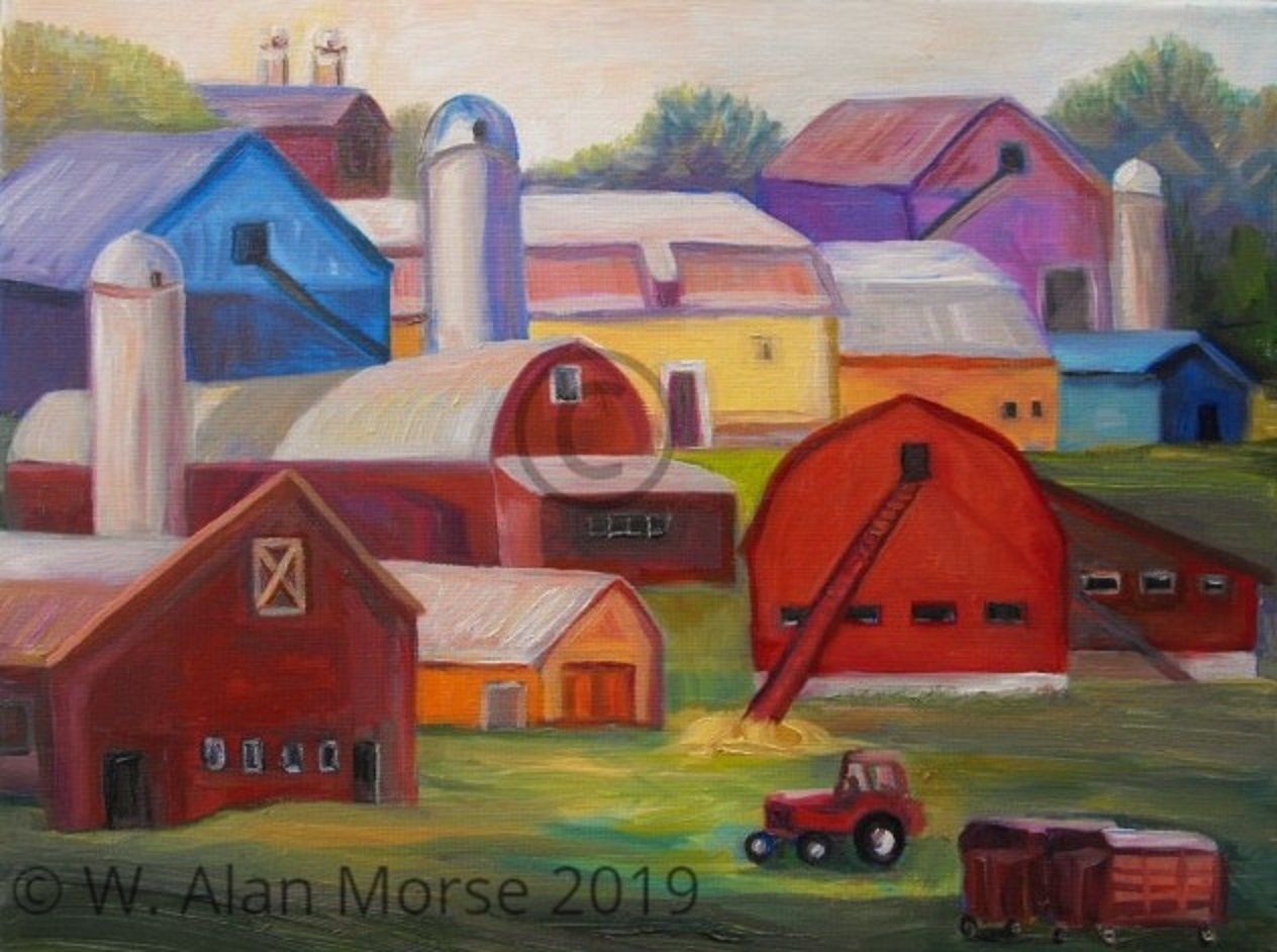 Brightly colored farm composition oil painting
