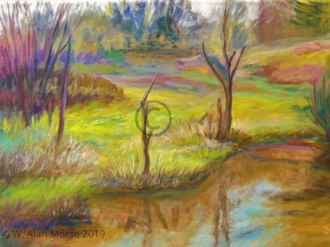Colorful compositional painting of waters edge view