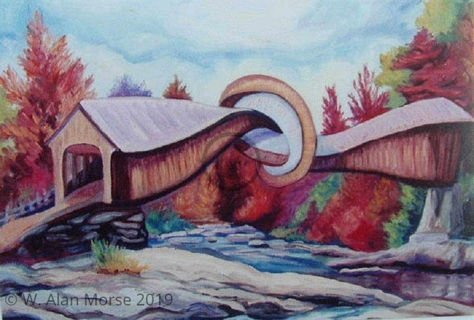 Original landscape oil paintng with bright hues of surrealist covered bridge.