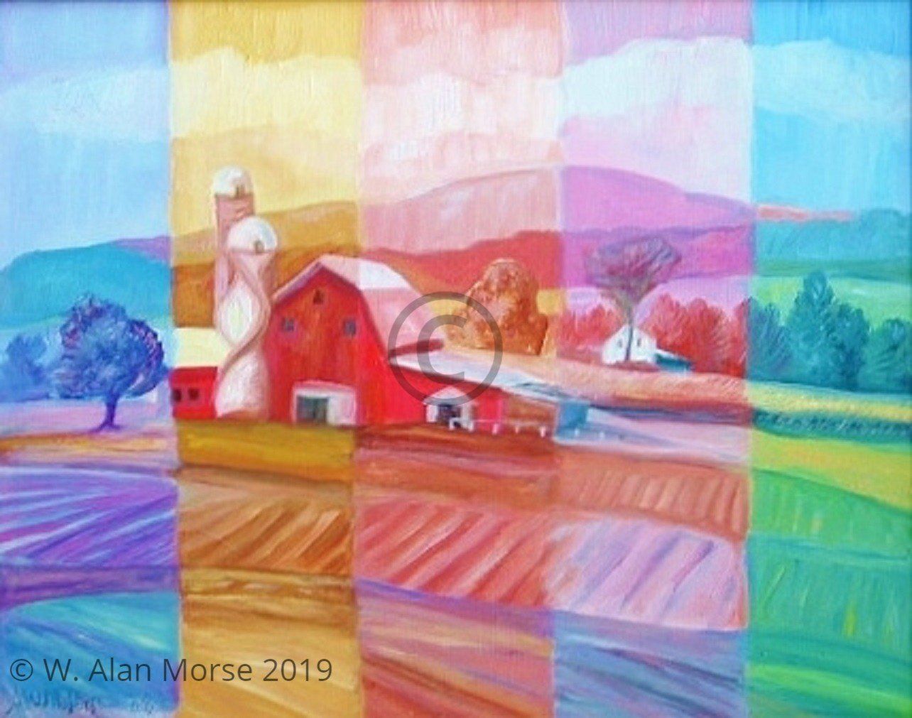 Landscape farm painting using primary rainbow colors by Wayne Alan Morse, yaarta