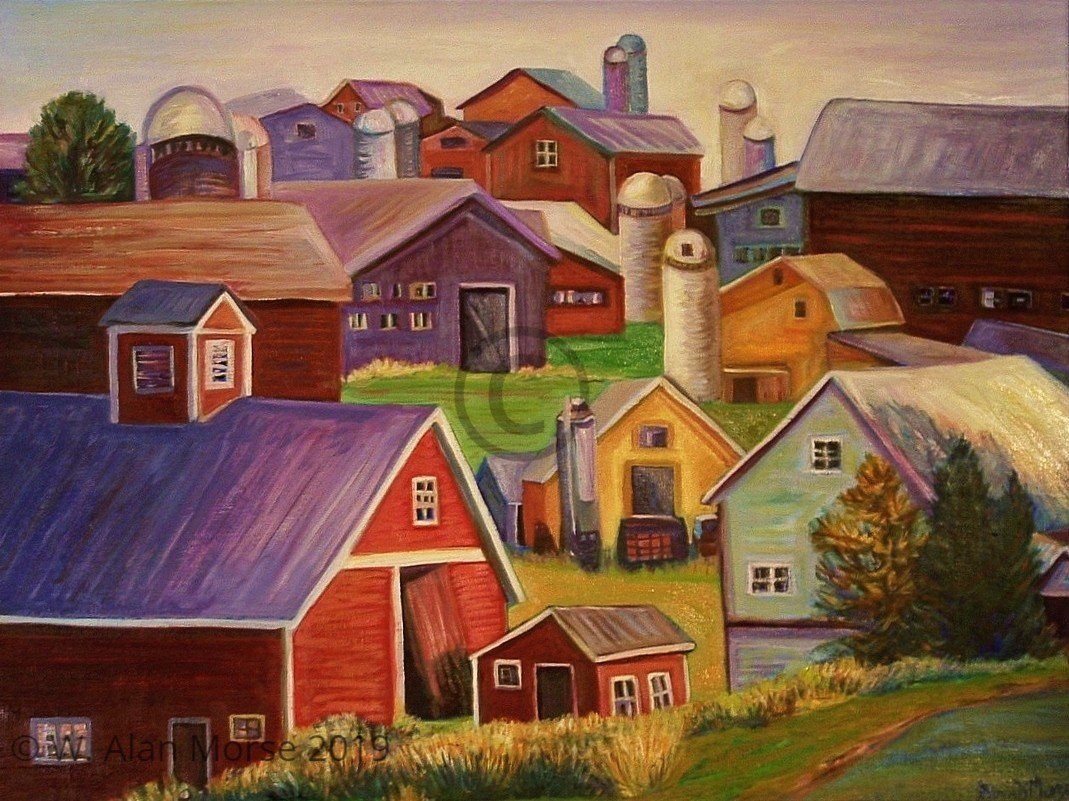Creative and conceptual oil painting of farms with bright colors