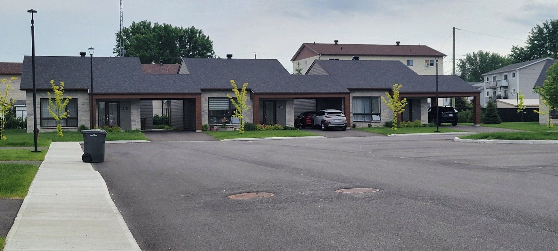 Une rangée de maisons avec des voitures garées devant elles dans un quartier résidentiel.