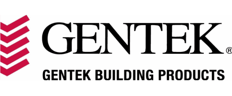 Un logo pour les produits de construction gentek avec une flèche rouge.