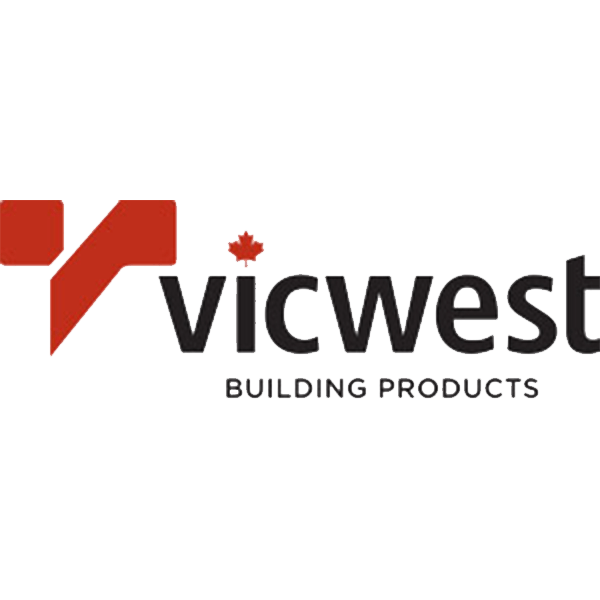 Le logo de Vicwest Building Products comporte une flèche rouge et une feuille d'érable.