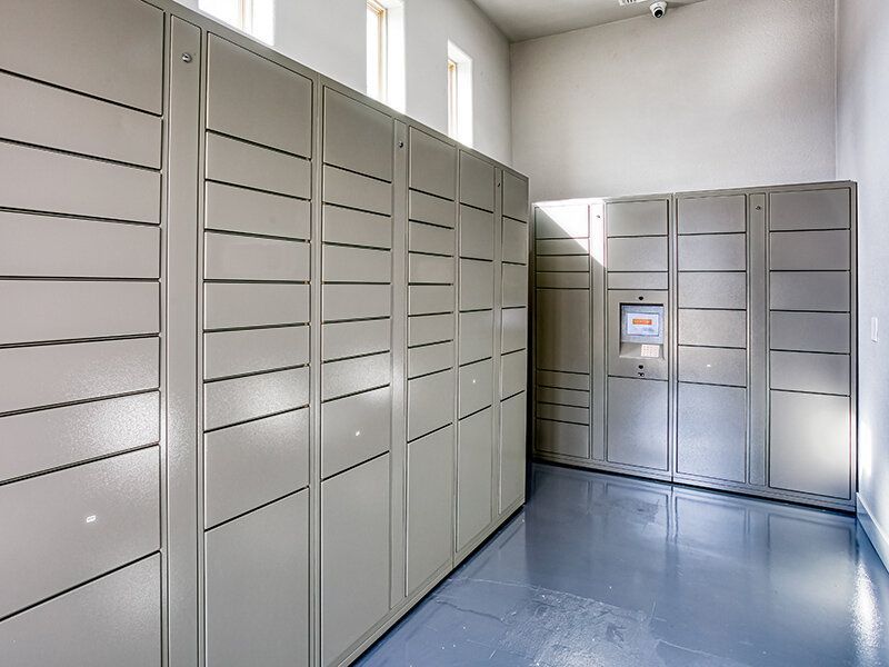 Row of tall gray metal lockers in a bright, narrow room.