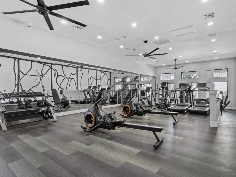 Modern fitness center with treadmills, ellipticals, bikes, and free weights.