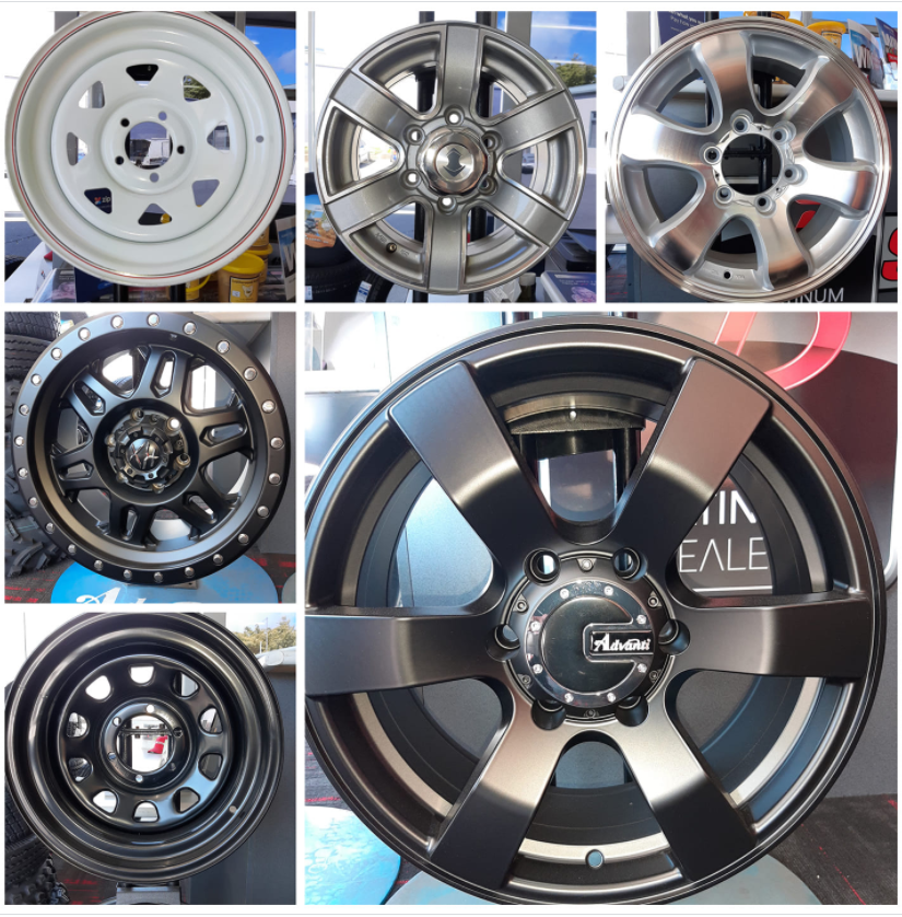 A collage of wheel rims