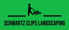 Green sign with black figure mowing grass, below text reads "Schwartz Clips Landscaping".