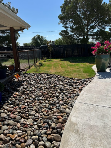 Backyard with rock landscaping, small lawn, and a flower pot on a concrete walkway.