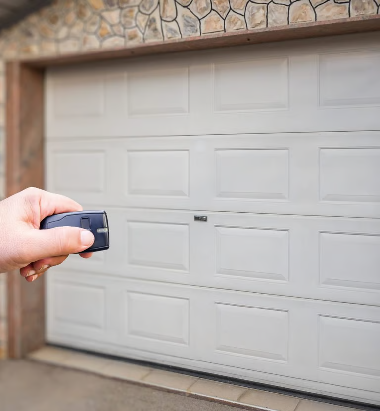 Hand holding remote, pointing toward a closed white garage door.