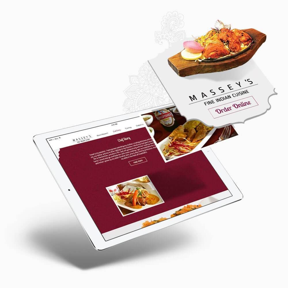 an online ordering system is displaying a website for massey 's fine indian cuisine .