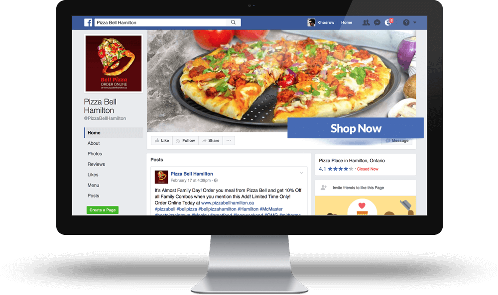 a laptop , tablet , and phone are displaying a facebook online ordering page for a restaurant.