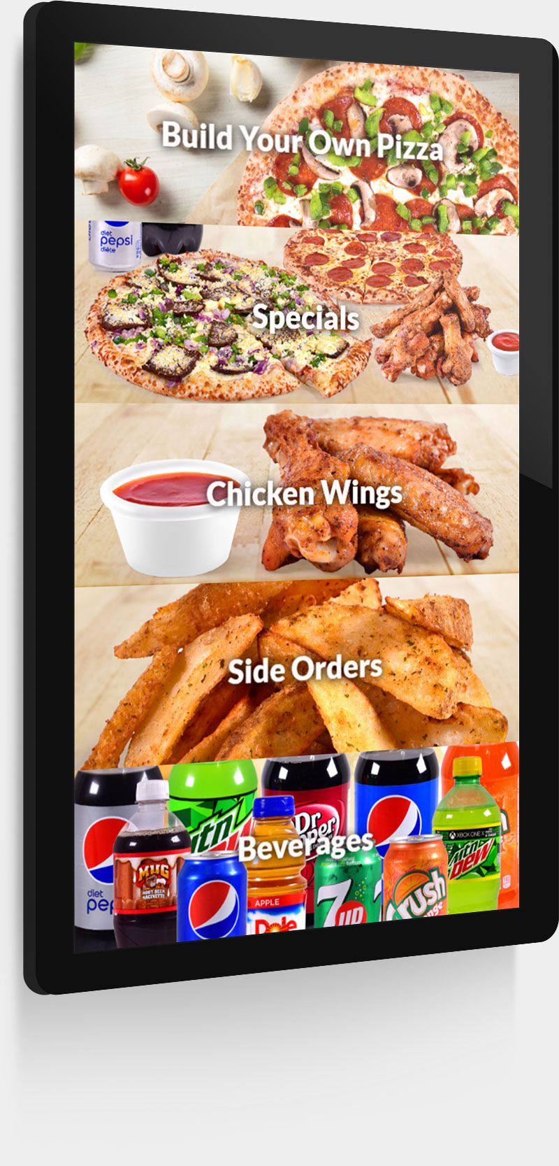 a self ordering kiosk with a pizza , chicken wings , french fries and pepsi on it .