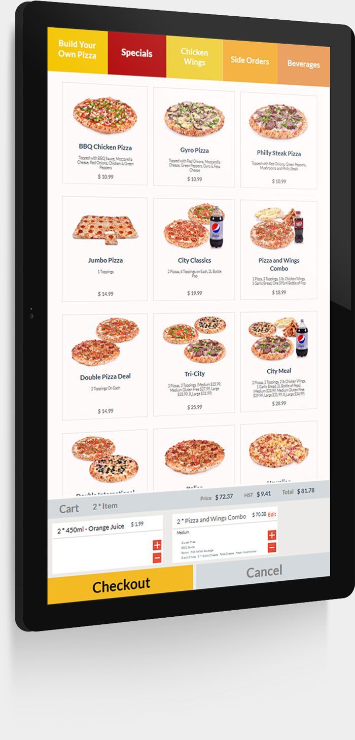 a self ordering kiosk with a menu of pizzas on it