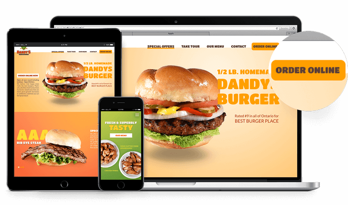 a dandy burger website is displayed on a laptop , tablet , and phone .