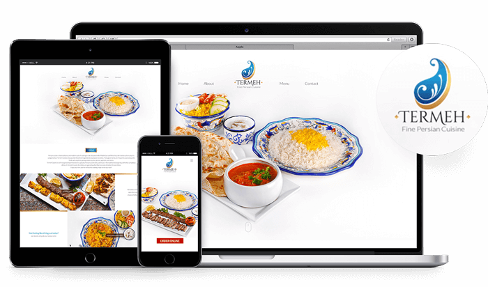 a laptop , tablet , and cell phone are displaying a website for a restaurant .