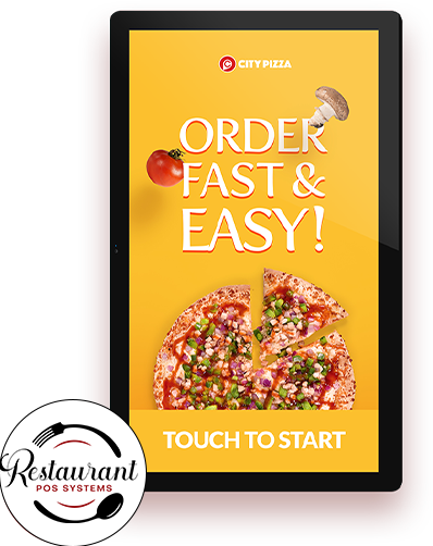 a tablet with a pizza on it that says `` order fast & easy ! ''