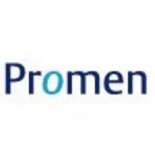 Het logo voor promen is een blauw en wit logo op een witte achtergrond.