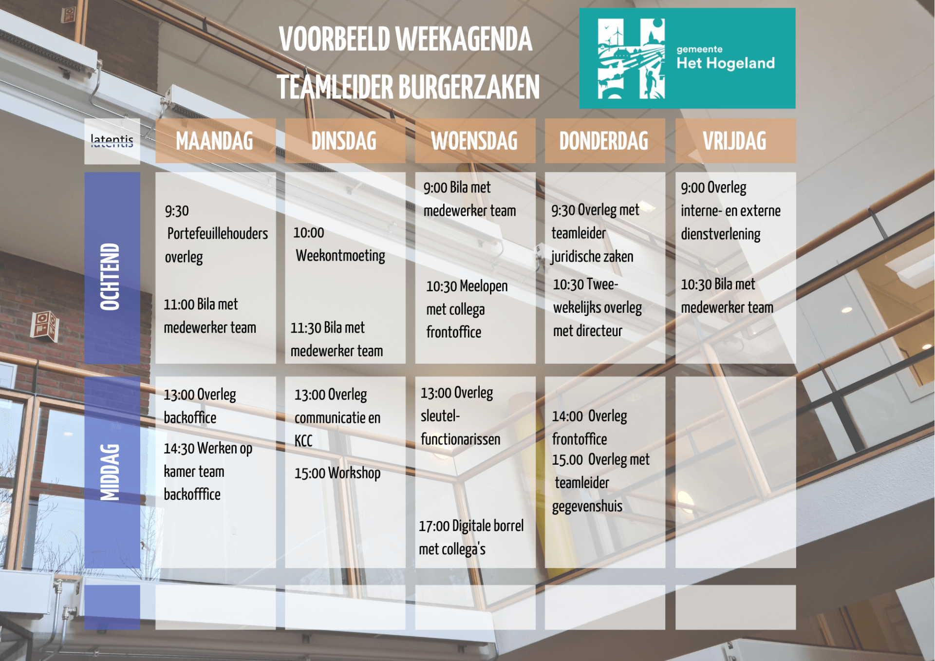 Een wekelijkse agenda met een foto van een gebouw op de achtergrond.
