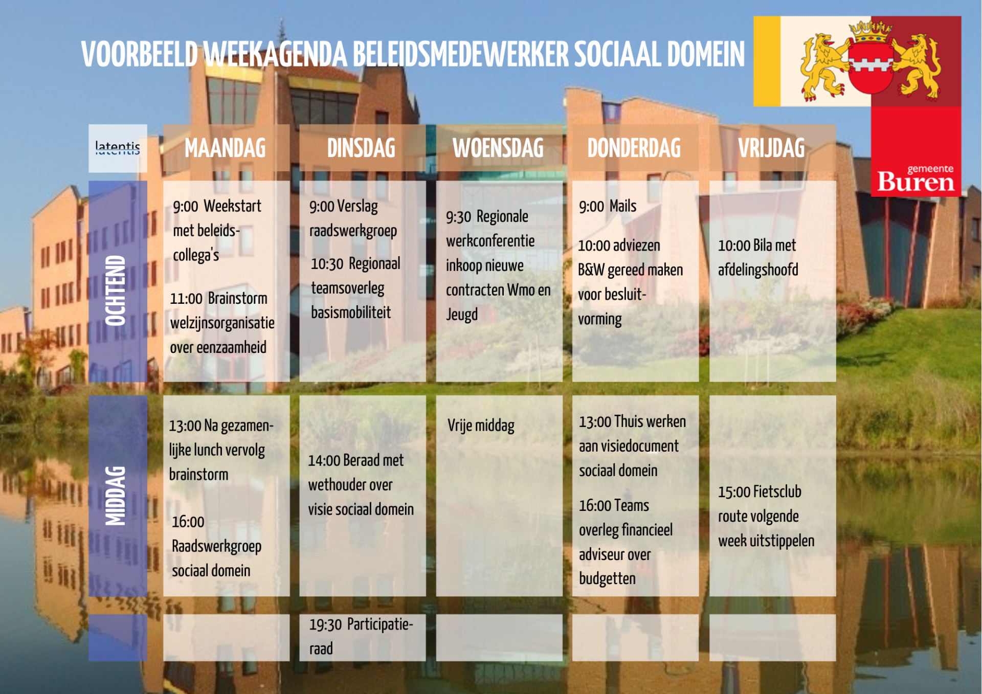 Een kalender met een gebouw op de achtergrond en het woord buren erop