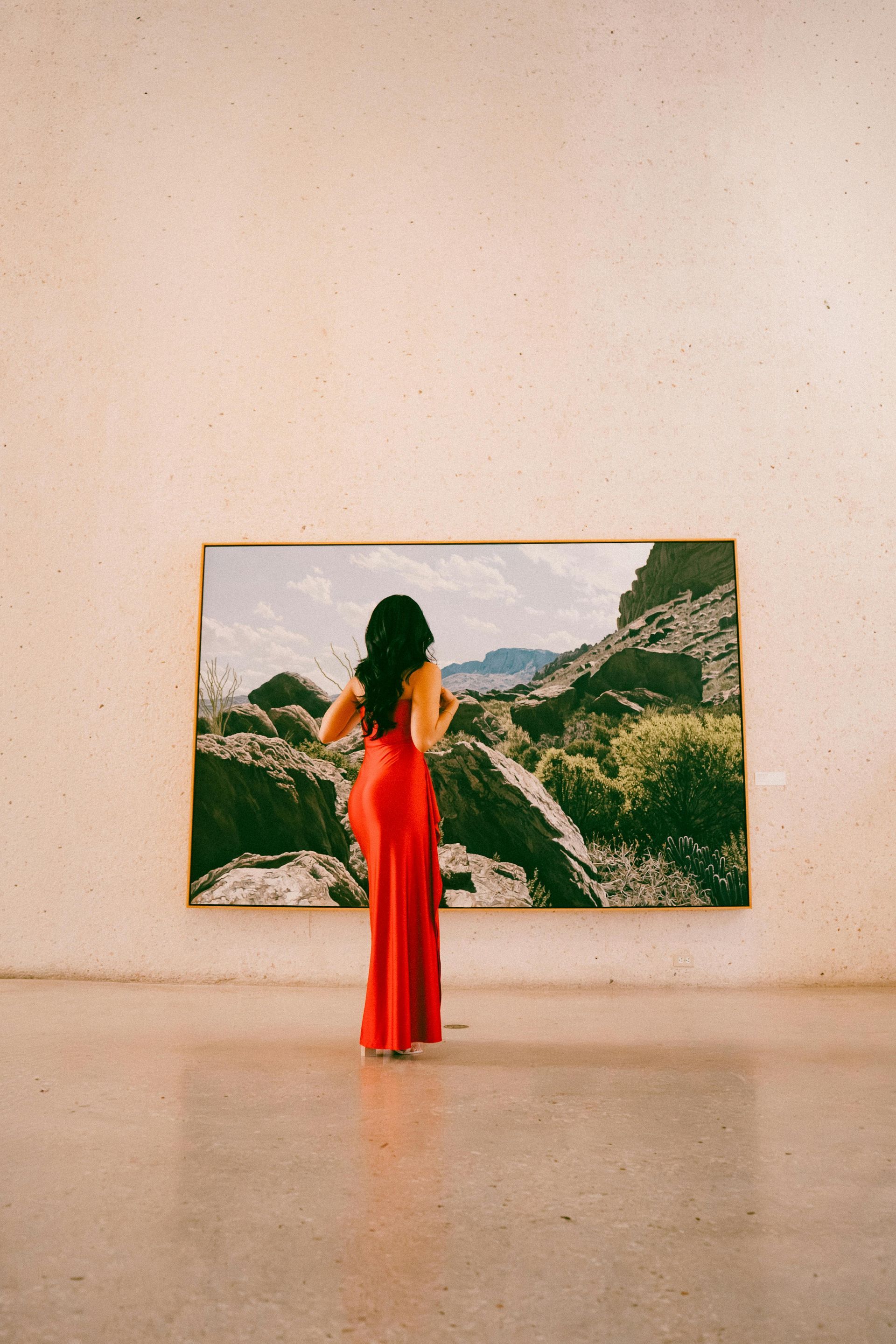 Person in a red dress stands facing a landscape painting in a minimalist gallery.