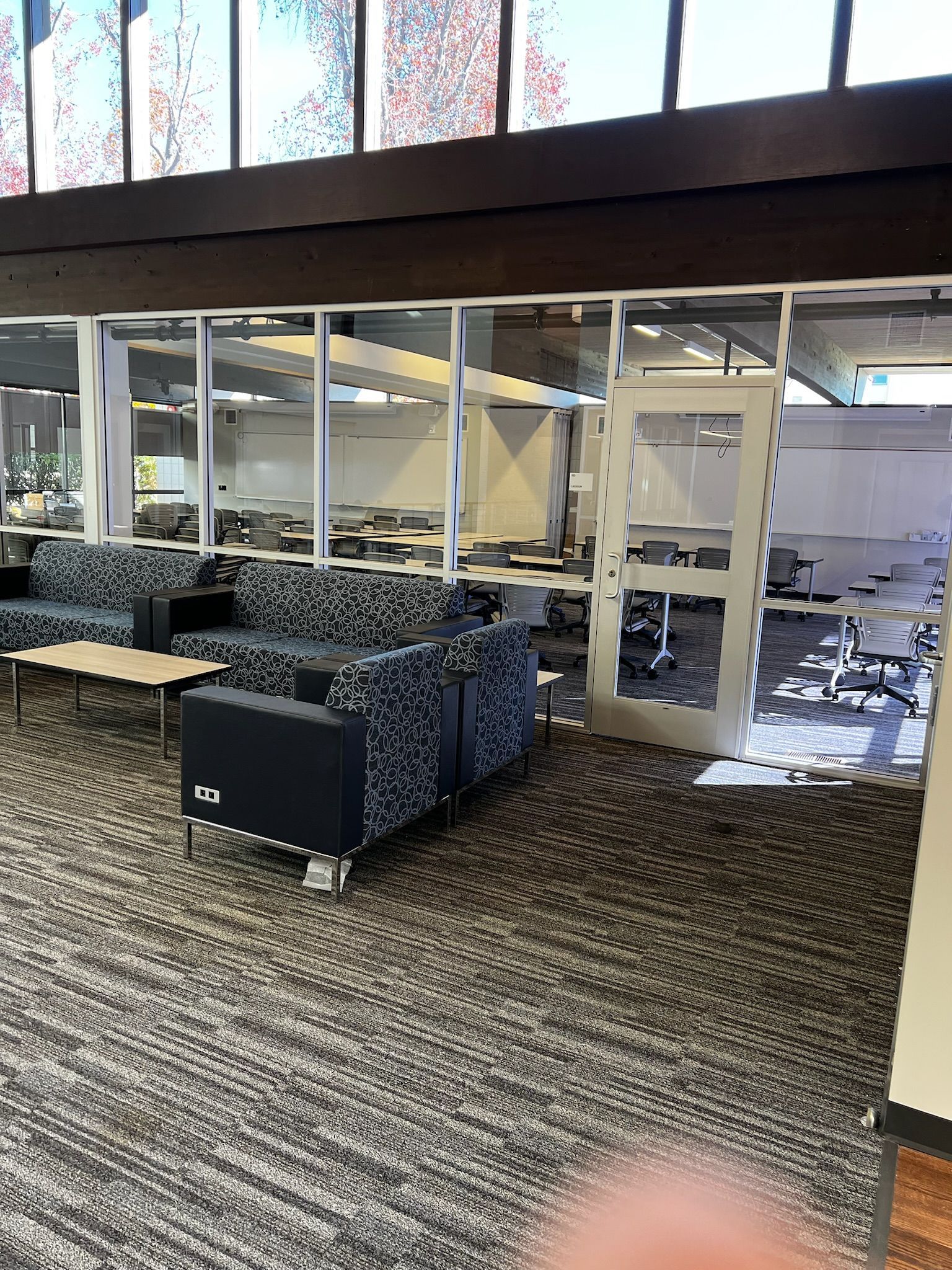 A seating area with patterned couches, a small table, and a glass-walled study area.