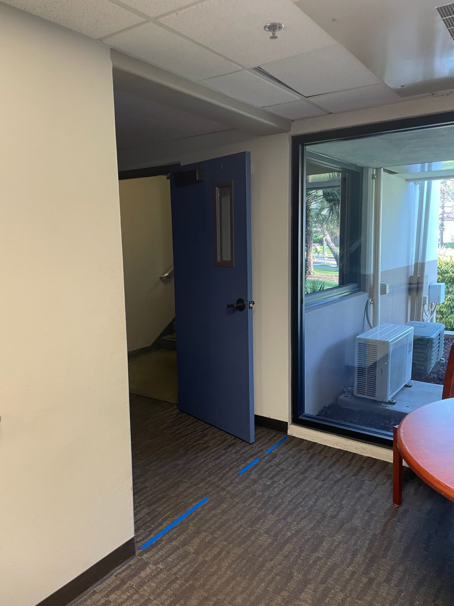 Blue door open to hallway; doorway to off-white wall; glass door to outdoor area; indoor space.