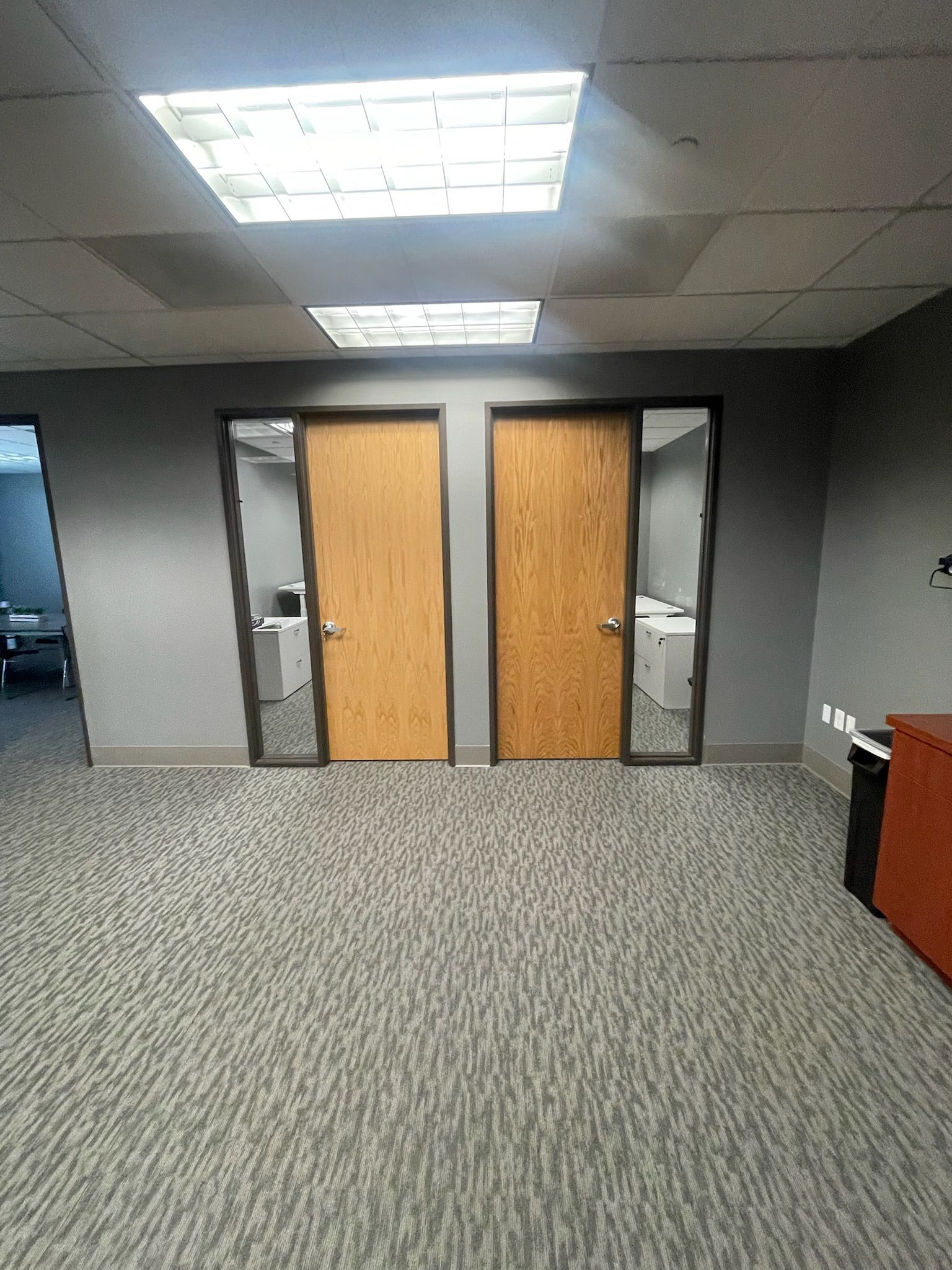 Two wooden office doors flanked by glass panels, gray walls, and carpet. Fluorescent lights illuminate the space.