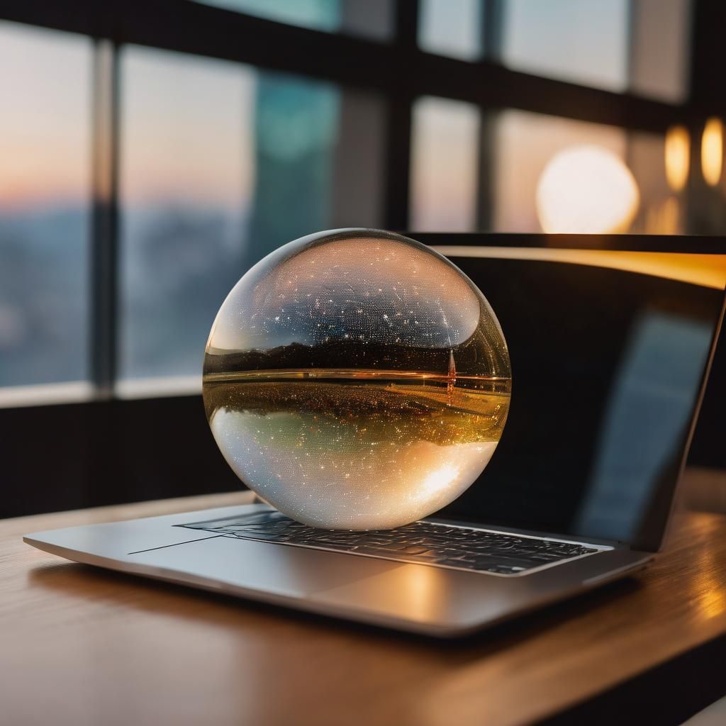 Laptop on desk with decorative glass ball, creating a contrast between technology and elegance.