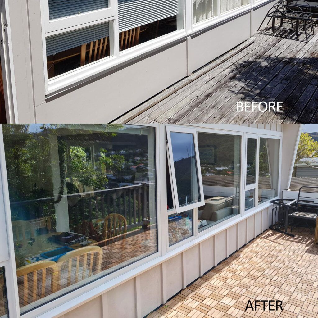 A before and after picture of a window on a house.