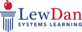 The logo for lew dan systems learning has a red apple on it.