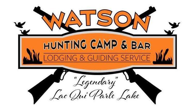 A logo for watson hunting camp and bar