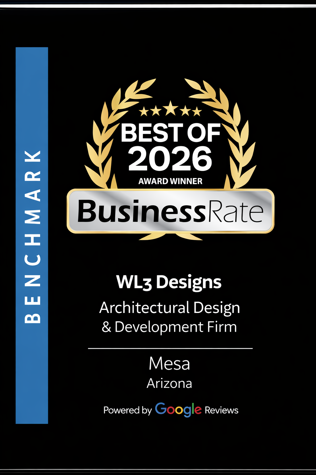 A vertical black award badge for