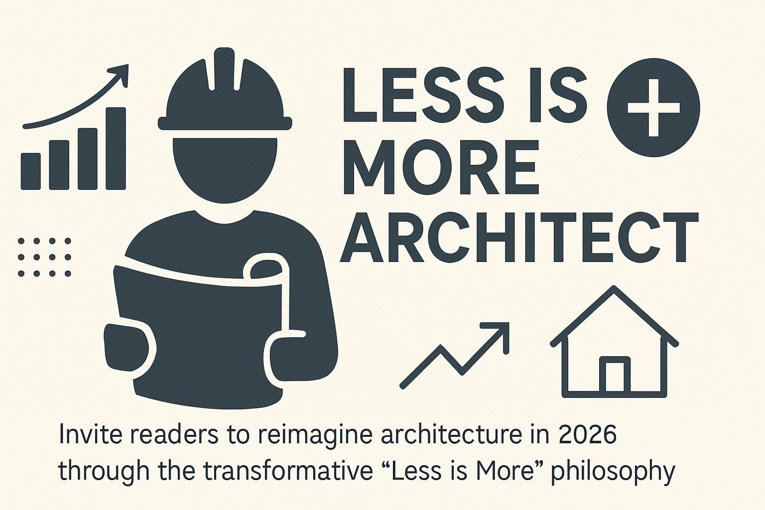 Minimalist architecture graphic showing a professional architect icon and “Less Is More Architect” d